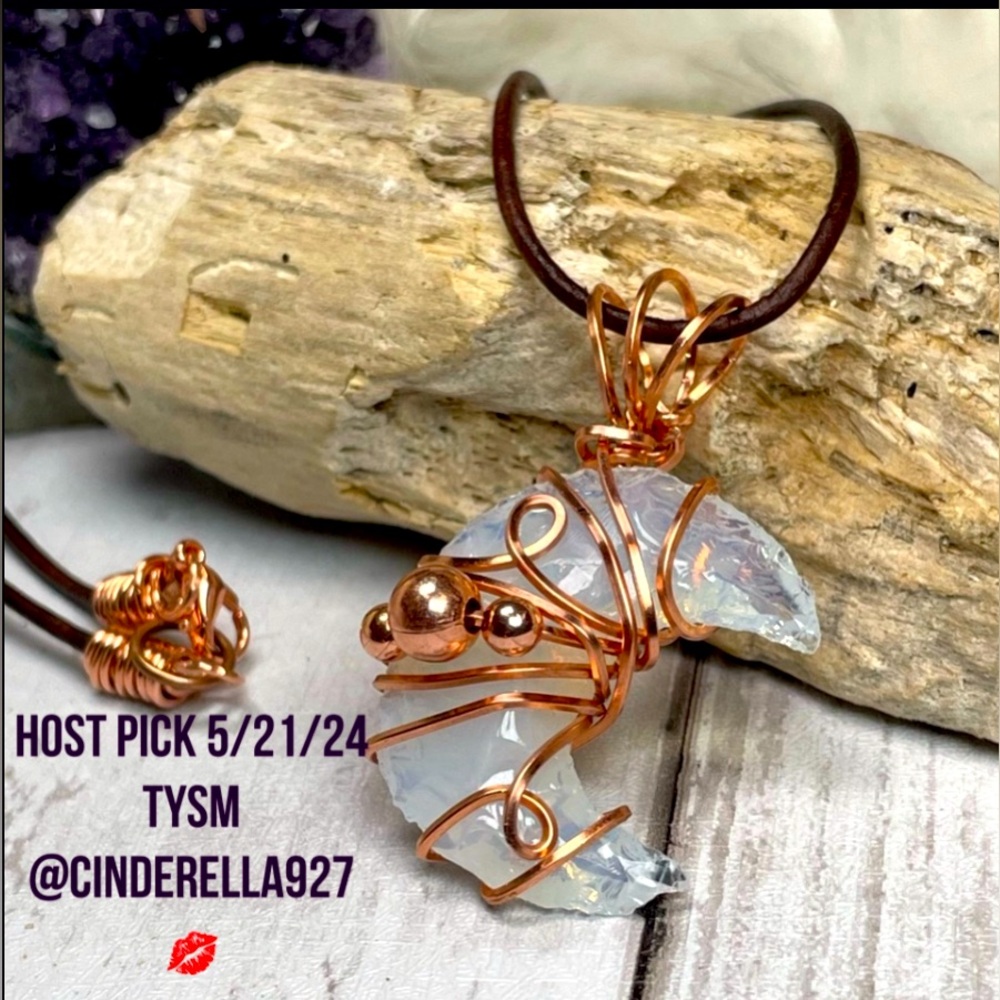 Genuine Opalite Crescent Moon Copper Wrap Leather Cord Boho Style